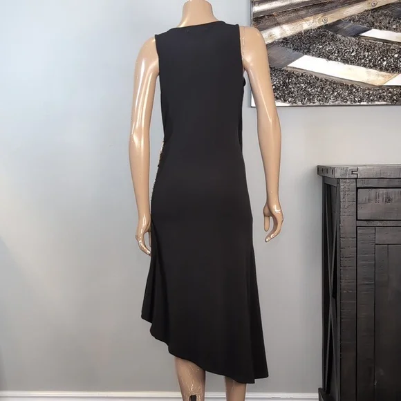 Michael Kors Asymmetric Midi Dress Gold Zipper Sleeveless Black Size Medium - Picture 8 of 12